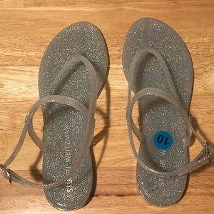 Stuart Weitzman Rubber T-Strap Sandals Glittery Silvery Shade Size 10